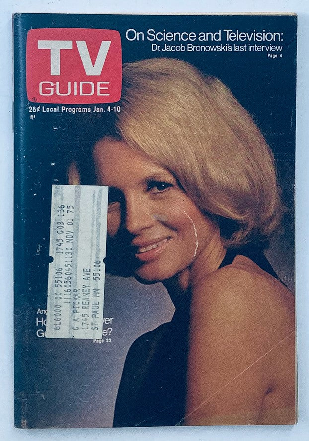 Cover of TV Guide Magazine January 4, 1975 featuring actress Angie Dickinson, showcasing highlights of the television landscape from the mid-1970s.