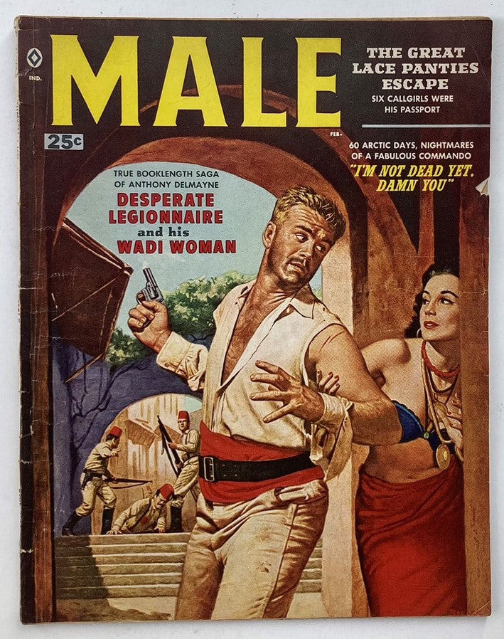 VTG Male Magazine February 1959 Vol 9 #2 cover featuring the story 'Desperate Legionnaire' and imagery of a heroic figure and Wadi Woman, showcasing vintage masculine aesthetics.