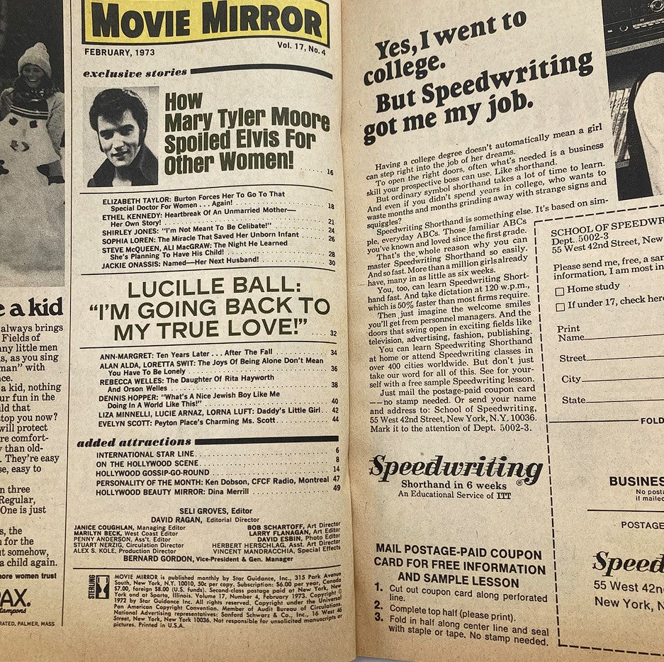 Inside spread of VTG Movie Mirror Magazine February 1973, showcasing articles, features, and advertisements related to Hollywood stars and entertainment.
