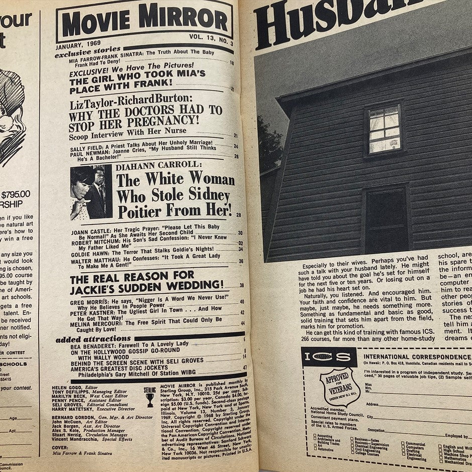 Inside spread of the VTG Movie Mirror Magazine January 1969, Volume 13, Issue 3, featuring articles on Mia Farrow, Frank Sinatra, and other Hollywood celebrities.