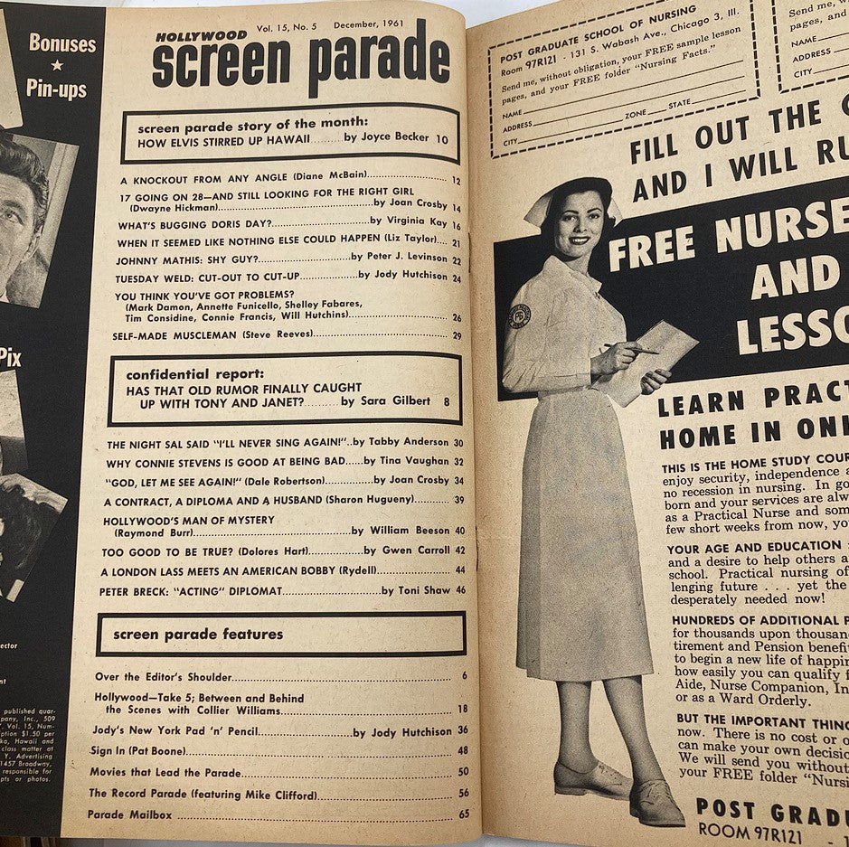 Interior page of VTG Hollywood Screen Parade Magazine December 1961 displaying article listings and advertisements, reflecting vintage pop culture and entertainment from the era.