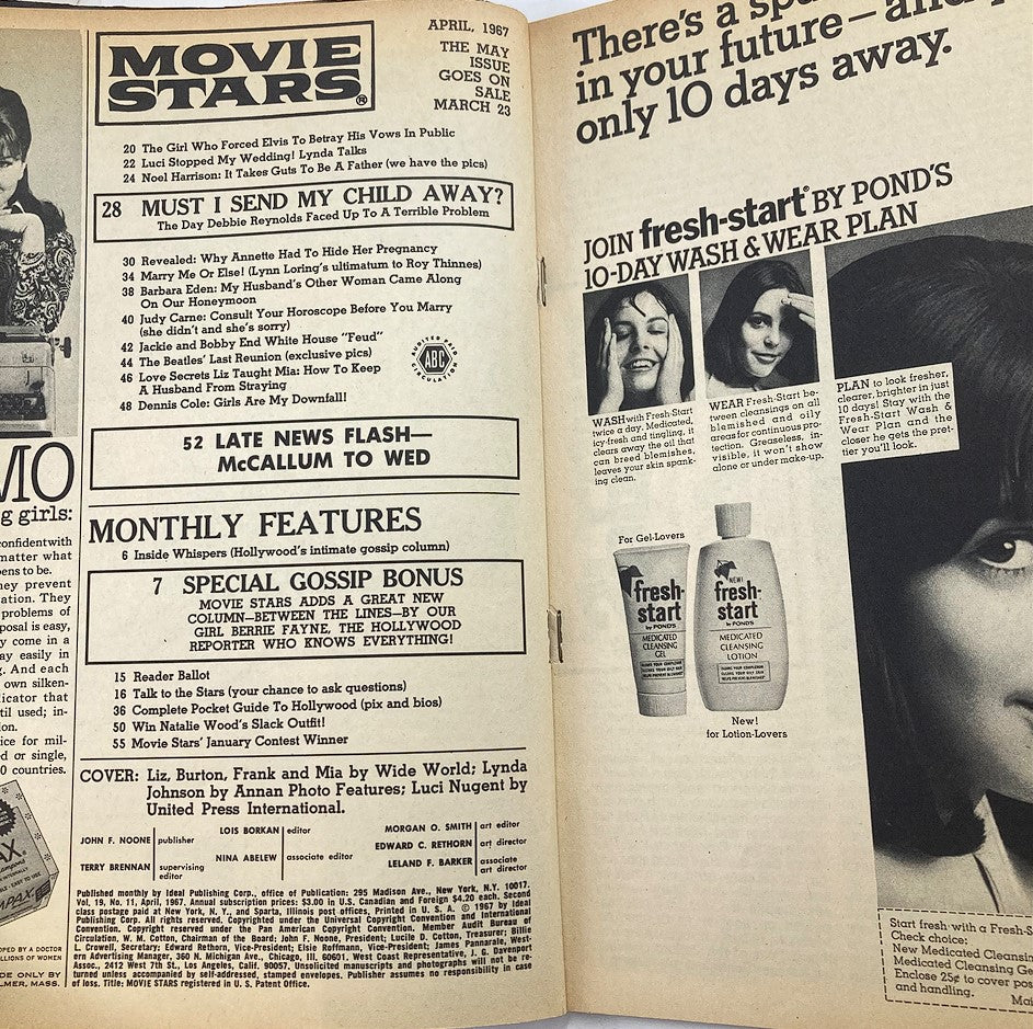 Inside page of the VTG Movie Stars Magazine April 1967 showcasing magazine features and articles, highlighting renowned personalities and film industry insights.