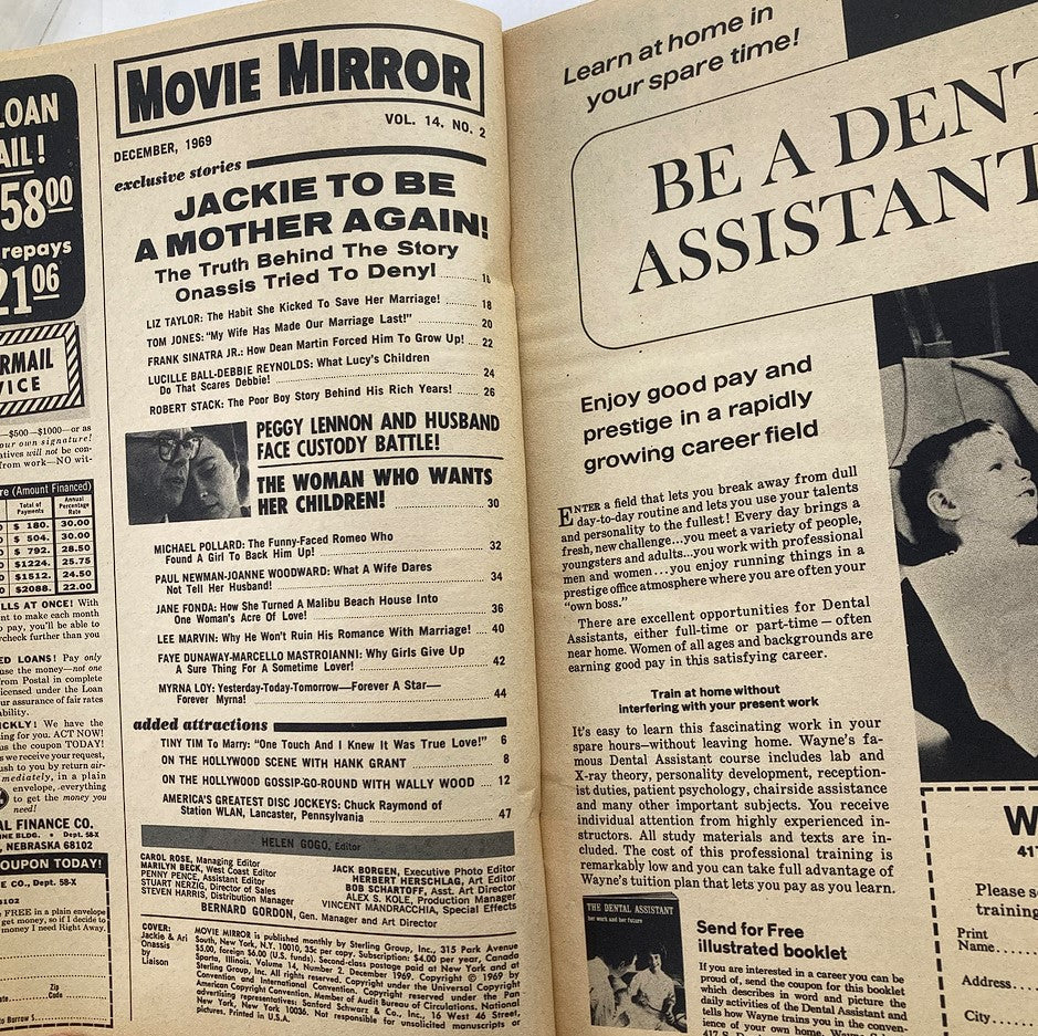 Interior page of VTG Movie Mirror Magazine December 1969 Vol 14 #2 showcasing articles and stories including Jackie Kennedy Onassis and other celebrities.