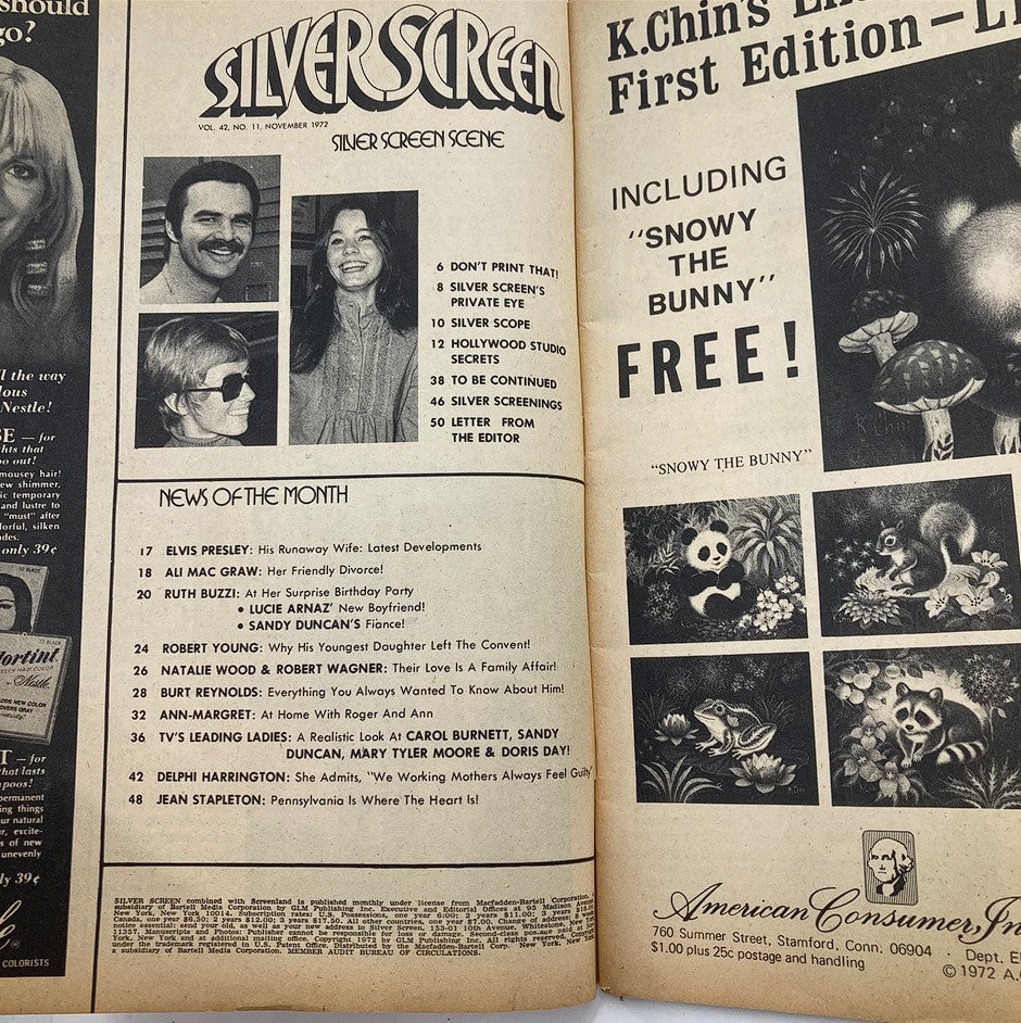 Inside spread of VTG Silver Screen Magazine November 1972 showcasing news and gossip about celebrities such as Elvis Presley and Ali MacGraw.