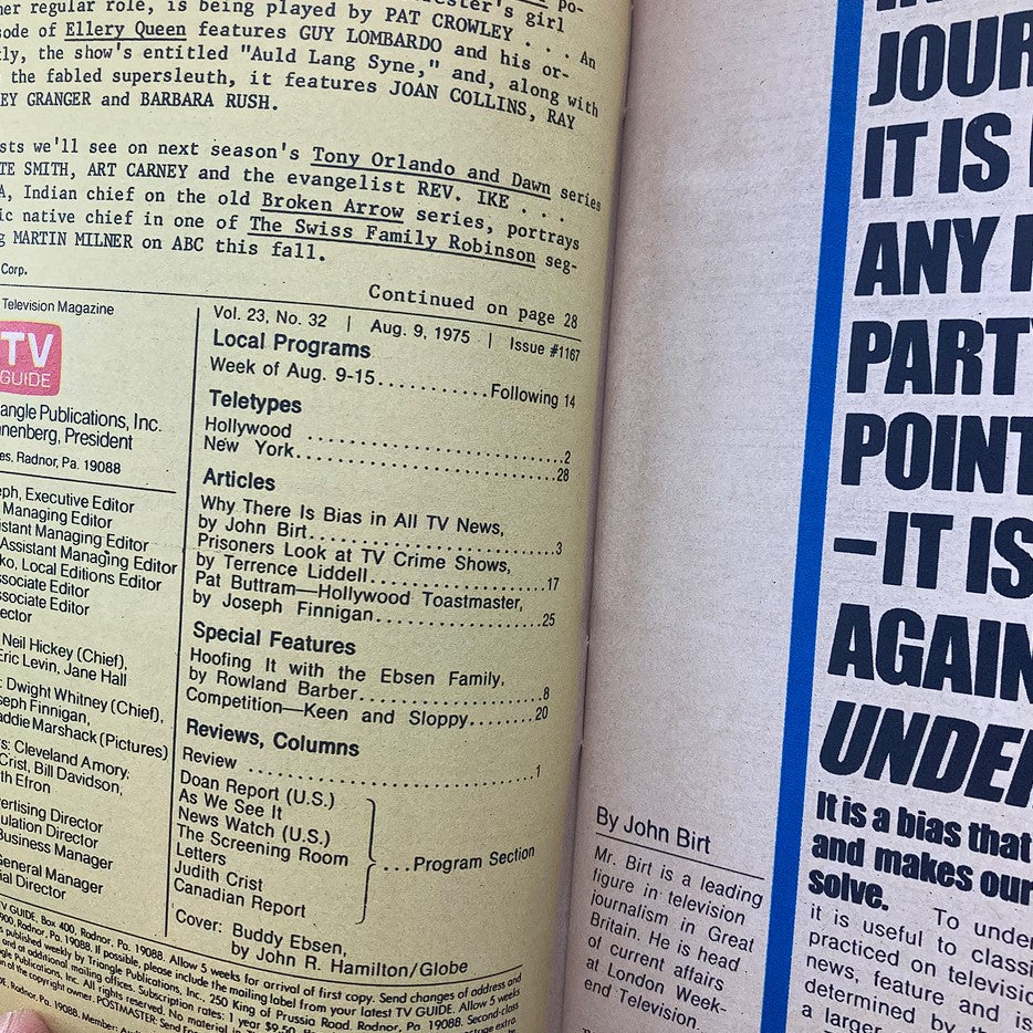 Interior page of TV Guide Magazine August 9 1975 showcasing the contents and articles, including a piece by John Birt on television news bias.