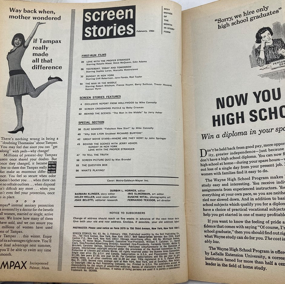 Inside pages of VTG Screen Stories Magazine February 1964 displaying feature articles, film listings including 'Love with the Proper Stranger' and 'Yesterday, Today and Tomorrow'.