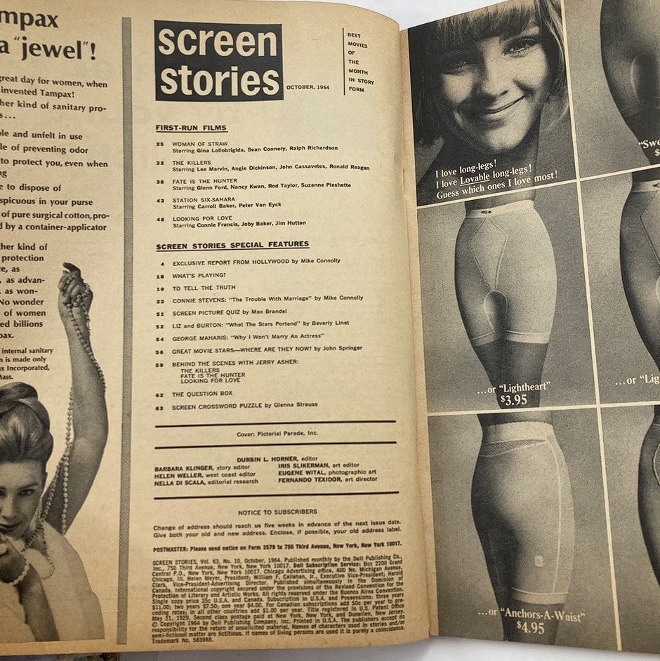 Inside pages of VTG Screen Stories Magazine October 1964 showing film listings and advertisements, encapsulating the nostalgic charm and historic significance of 1960s cinema.