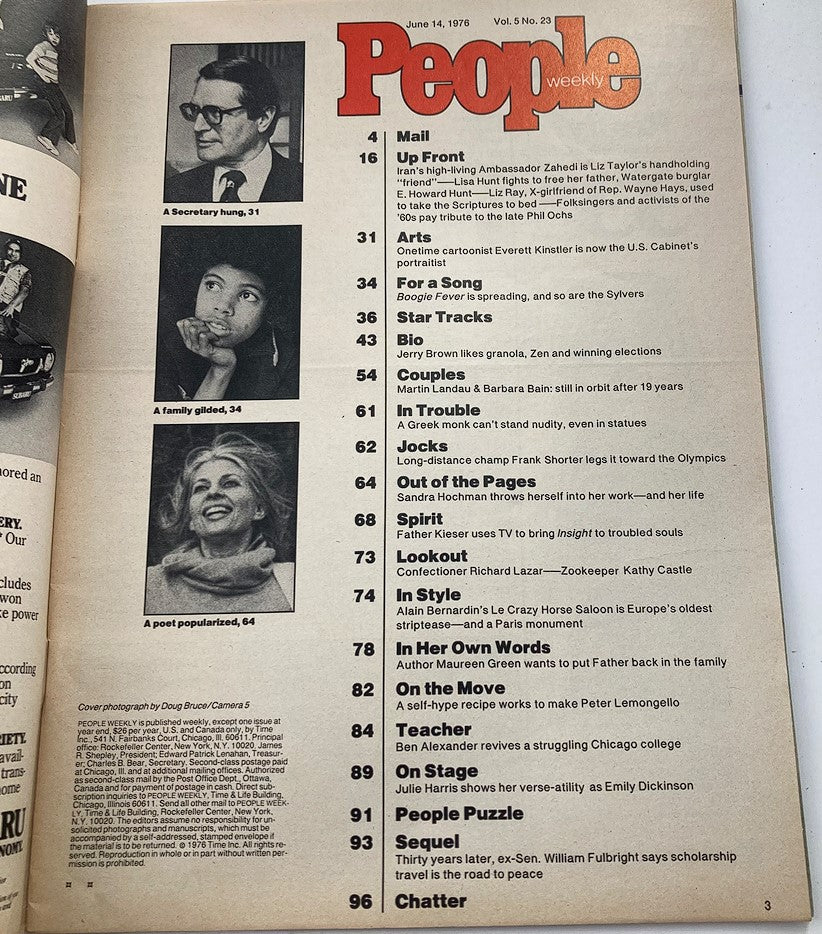 Inside page of People Weekly Magazine, June 14, 1976, Vol 5 No 23. Highlights include articles and features related to Jerry Brown and significant events of the time.