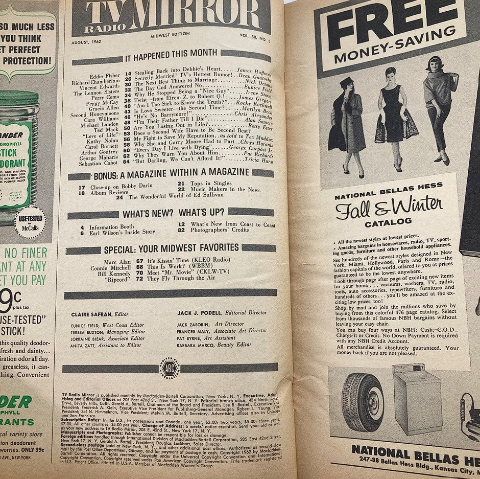 Inside page of the Vintage TV Radio Mirror Magazine August 1962 displaying the table of contents and articles featuring popular culture topics from the 1960s.
