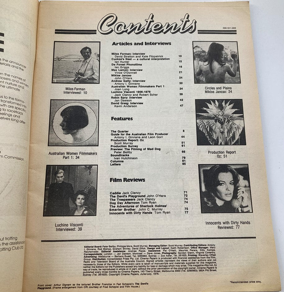 Contents page of VTG Cinema Papers Magazine June-July 1976 featuring articles and interviews with filmmakers like Milos Forman, Australian Women Filmmakers, and film reviews.