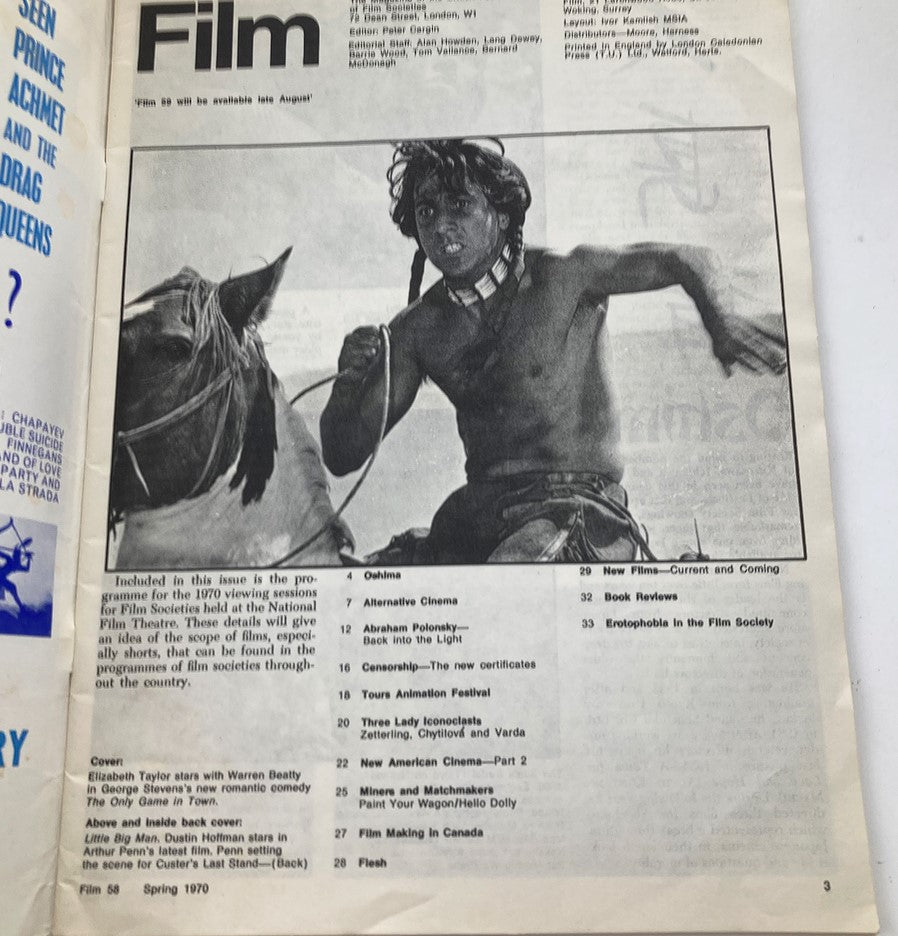 Inside page of the Spring 1970 issue of 'Film' magazine, featuring a program for Film Society events and a black and white image of a rider on horseback, highlighting the cultural significance of the era.