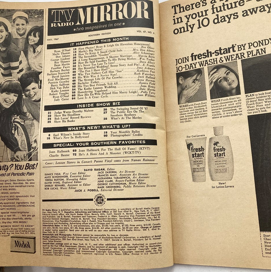 Interior page of VTG TV Radio Mirror Magazine May 1967 showing contents and features, including a section on the Lennon Sisters and Southern favorites.