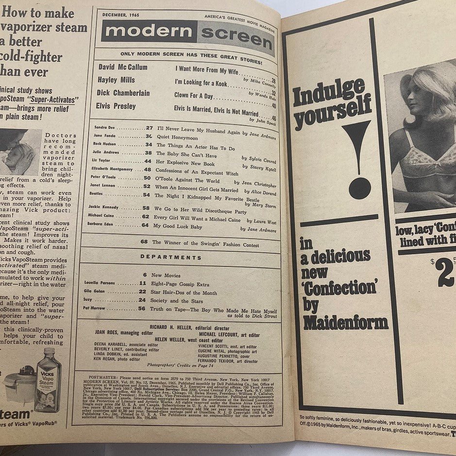Interior page of the VTG Modern Screen Magazine December 1965 featuring articles and features, including a list of great stories with Elizabeth Taylor on the cover, showcasing the glamour of the 1960s.