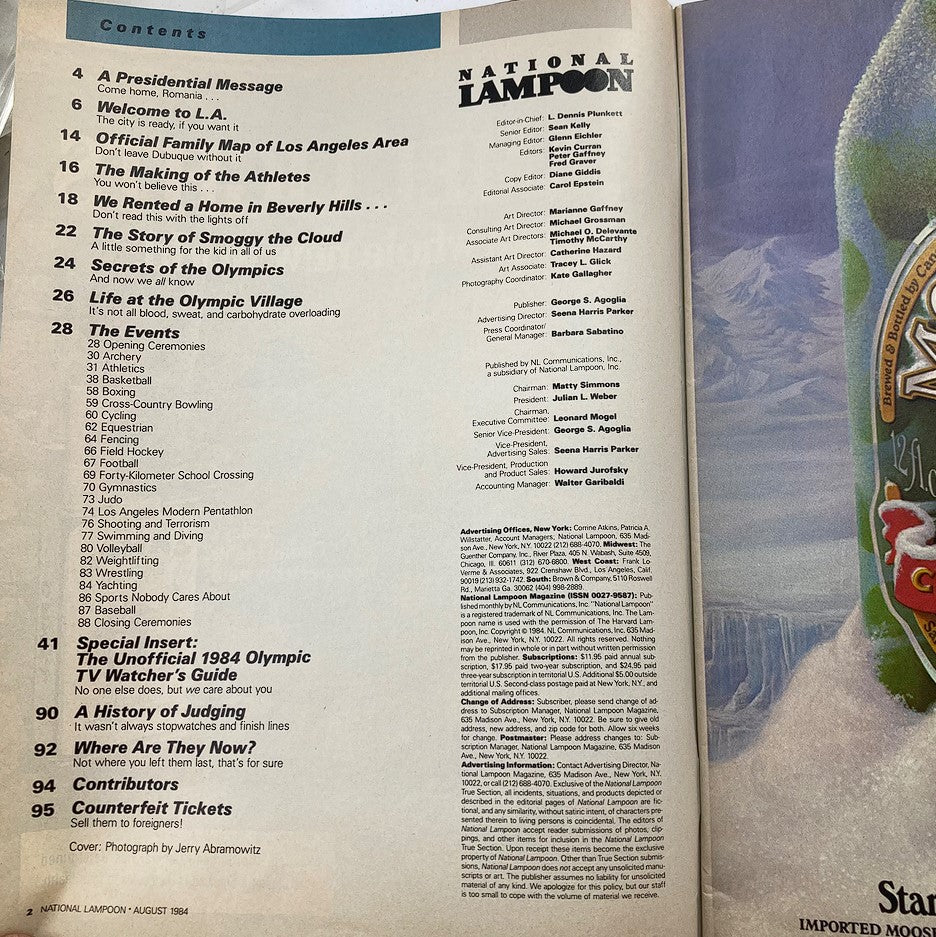 Inside page of Vintage National Lampoon Magazine August 1984 showcasing the table of contents with a humorous look at the Olympic Games and various article titles.