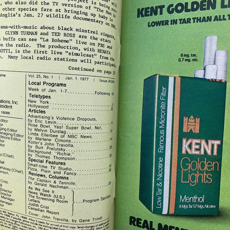 Interior page of TV Guide Magazine January 1 1977 Vol 25 #1, displaying program listings and articles, highlighting television content from the early 1970s.