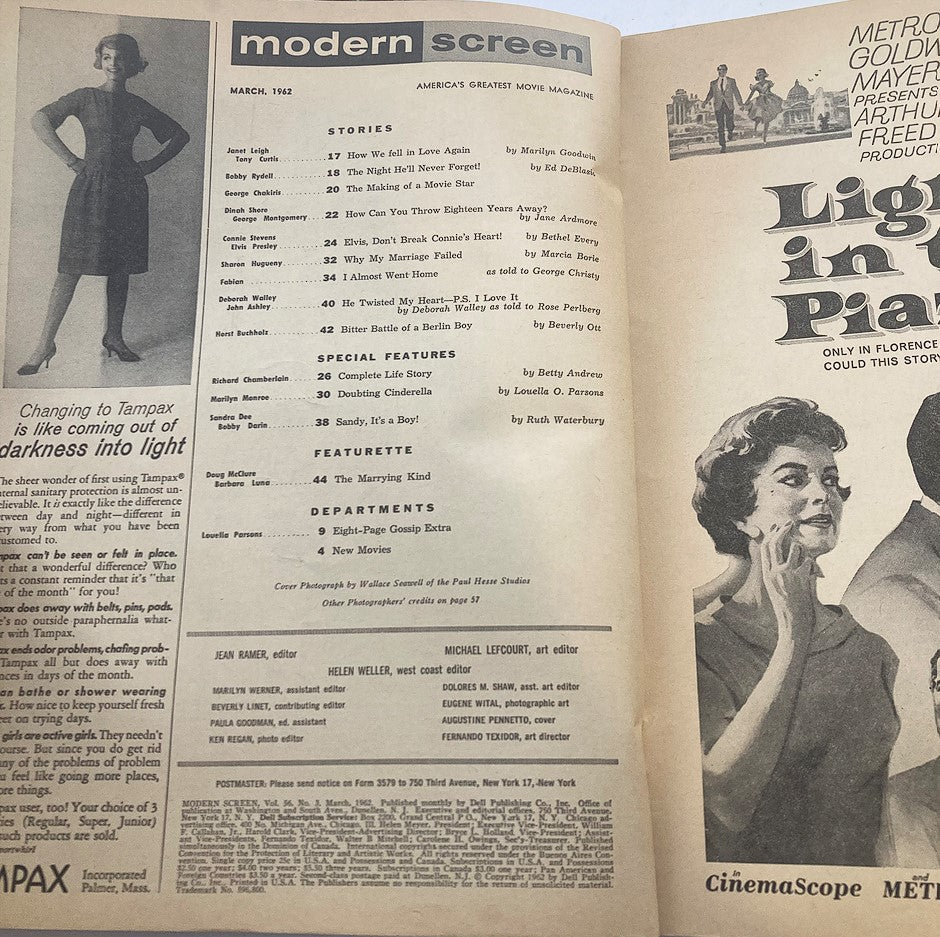 Interior view of the VTG Modern Screen Magazine from March 1962 featuring stories and articles including Janet Leigh and Elvis Presley. Highlights notable features like a fashion photograph of a model and various movie-related content, showcasing the early 1960s pop culture in America.