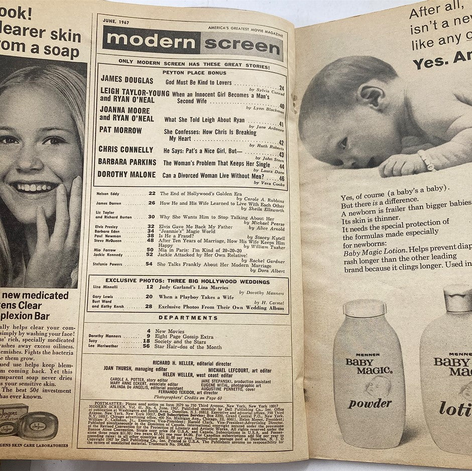 Inside layout of VTG Modern Screen Magazine June 1967 featuring articles and stories, including ones about Leigh Taylor-Young and Ryan O'Neal.