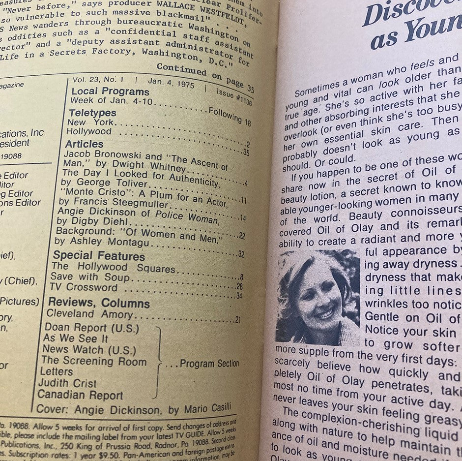 Content page from the TV Guide Magazine January 4, 1975, featuring an article about Angie Dickinson and local program listings from New York and Hollywood. The page highlights features and columns related to television in the mid-1970s.