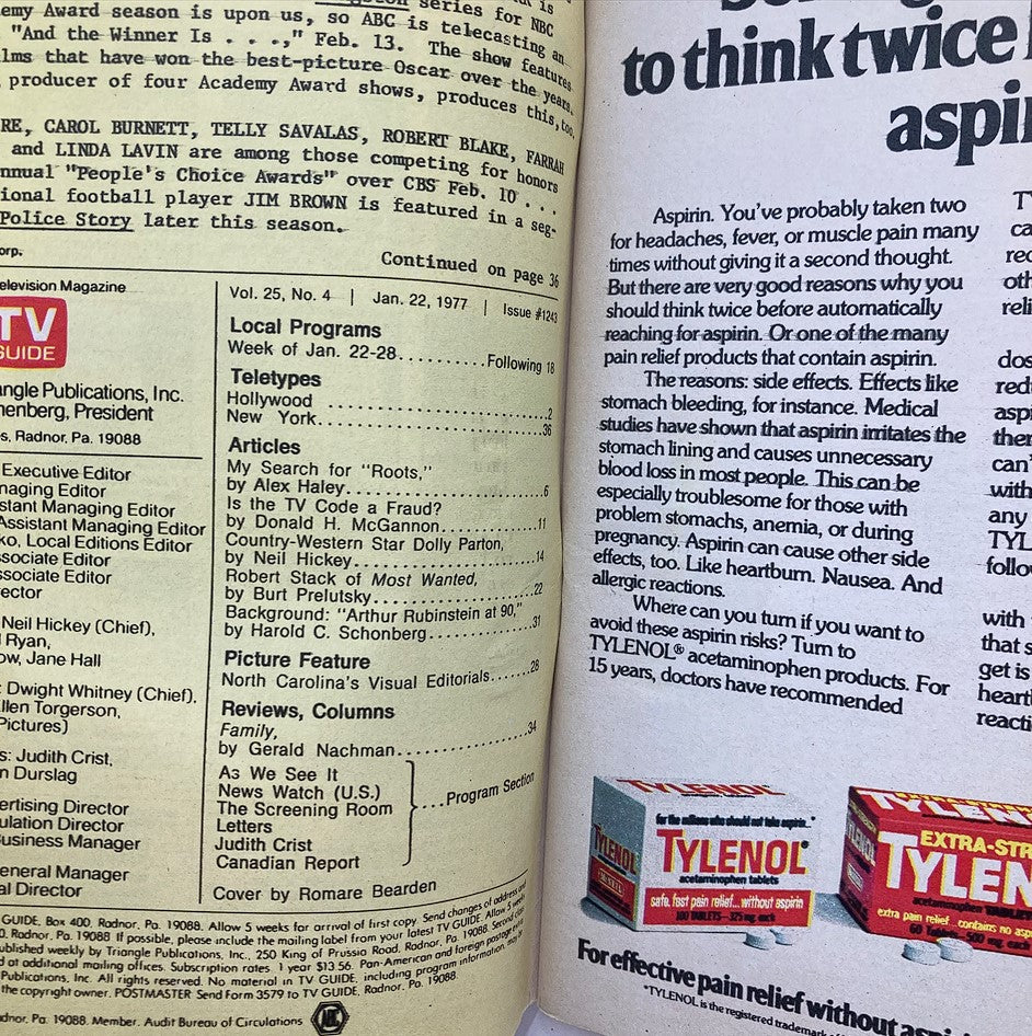 Interior page from TV Guide Magazine January 22 1977, featuring local program listings, articles about television shows and personalities, and an advertisement for Aspirin and Tylenol. This vintage magazine captures the essence of television history and pop culture from the 1970s.