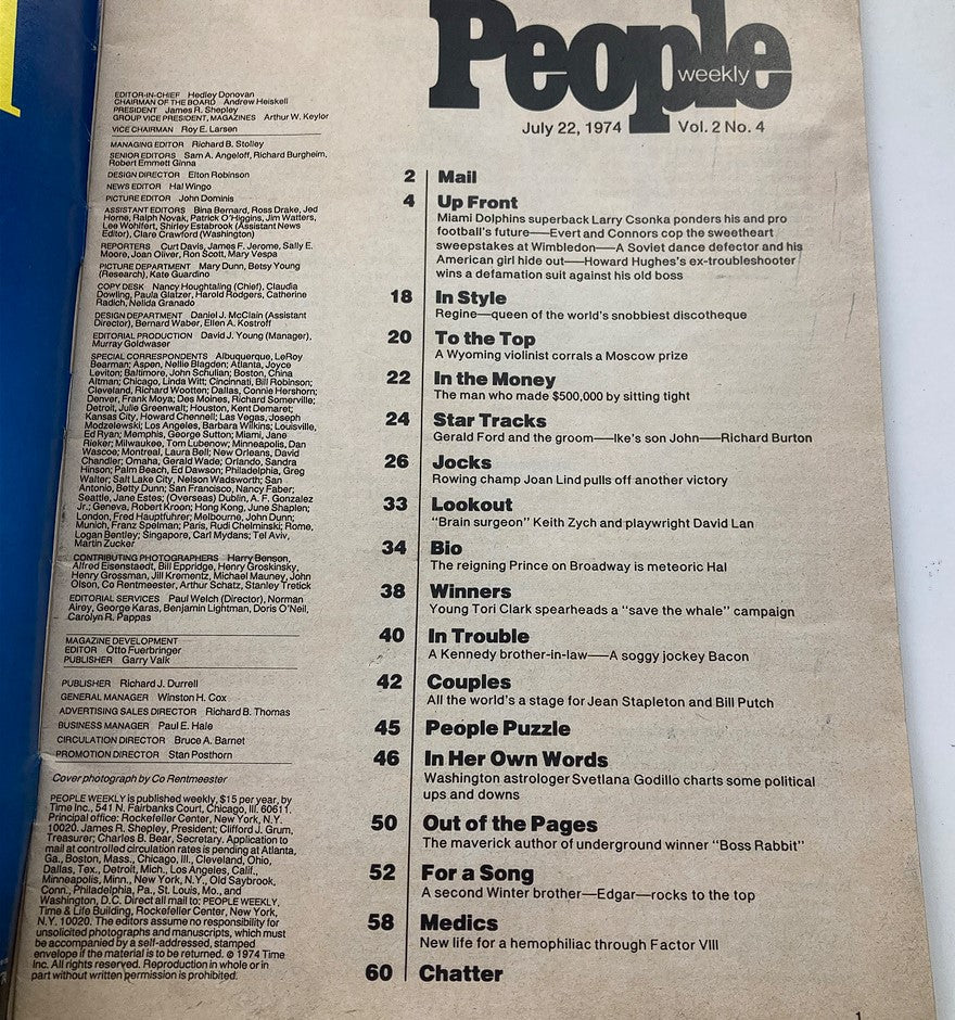 Vintage People Weekly Magazine July 22 1974 Vol 2 #4 Larry Csonka No Label