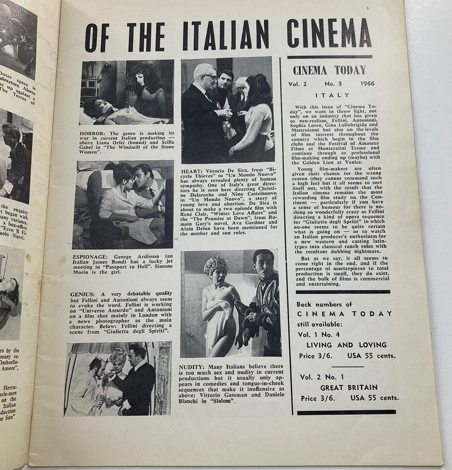 Interior page from VTG Cinema Today Magazine 1966 Vol 2 No 3, showcasing articles on Italian cinema and film genres including horror, espionage, and nudity, with images of significant film scenes and stars.