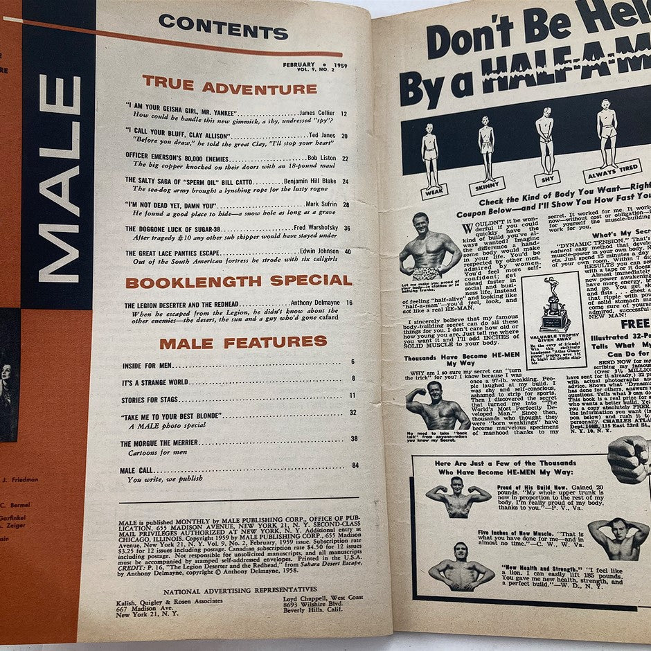 Inside contents page of VTG Male Magazine February 1959 Vol 9 #2 detailing articles and features, including 'True Adventure' and a booklength special on the Legion.
