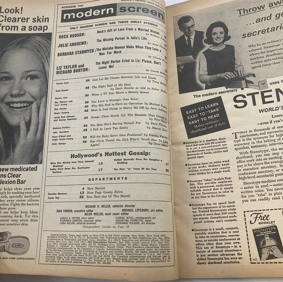 Inside page of VTG Modern Screen Magazine November 1967 showcasing article headings and features such as Rock Hudson and Julie Andrews, reflecting the pop culture of the 1960s.