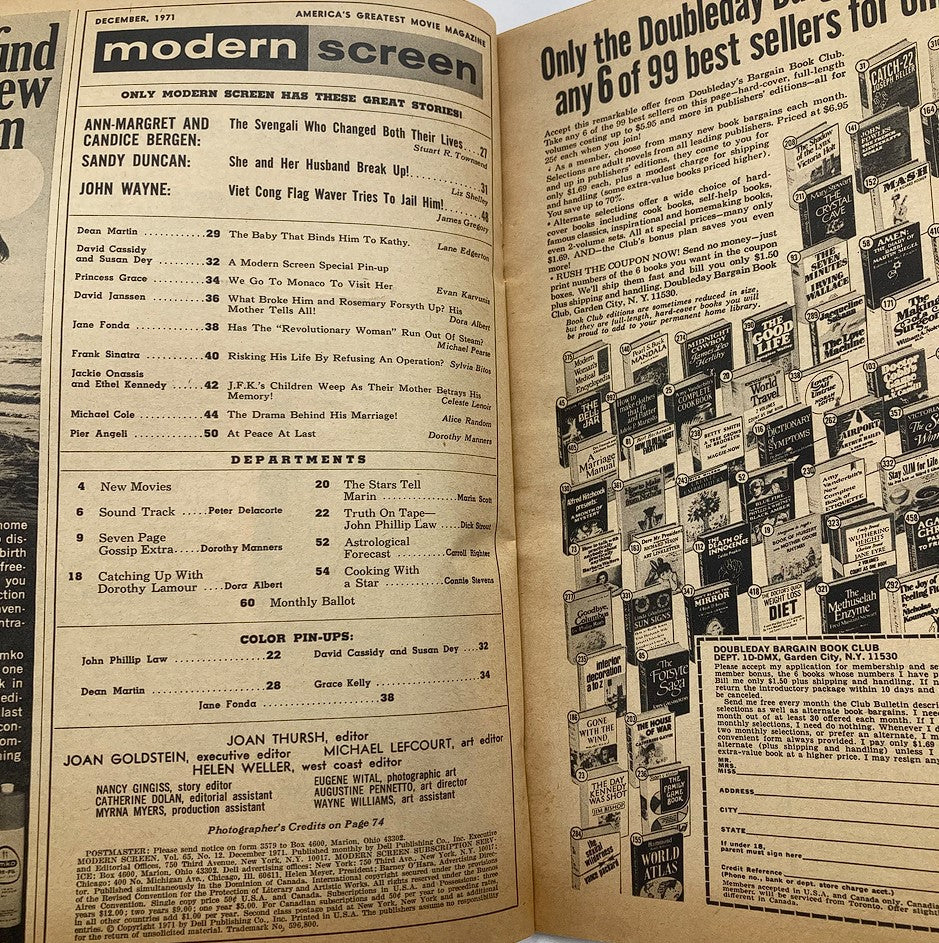 Interior page of VTG Modern Screen Magazine December 1971 Vol 65 #12, listing features including articles on celebrities like Dean Martin and Ann-Margret, showcasing the magazine's content layout.