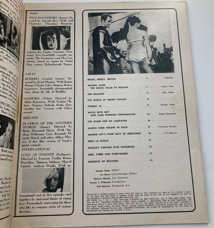 Inside page of VTG Art Films Magazine September 1963 listing articles, including 'Brash, Breezy, British', 'The Balcony', and 'Irma La Douce', highlighting the film content and editorial features.