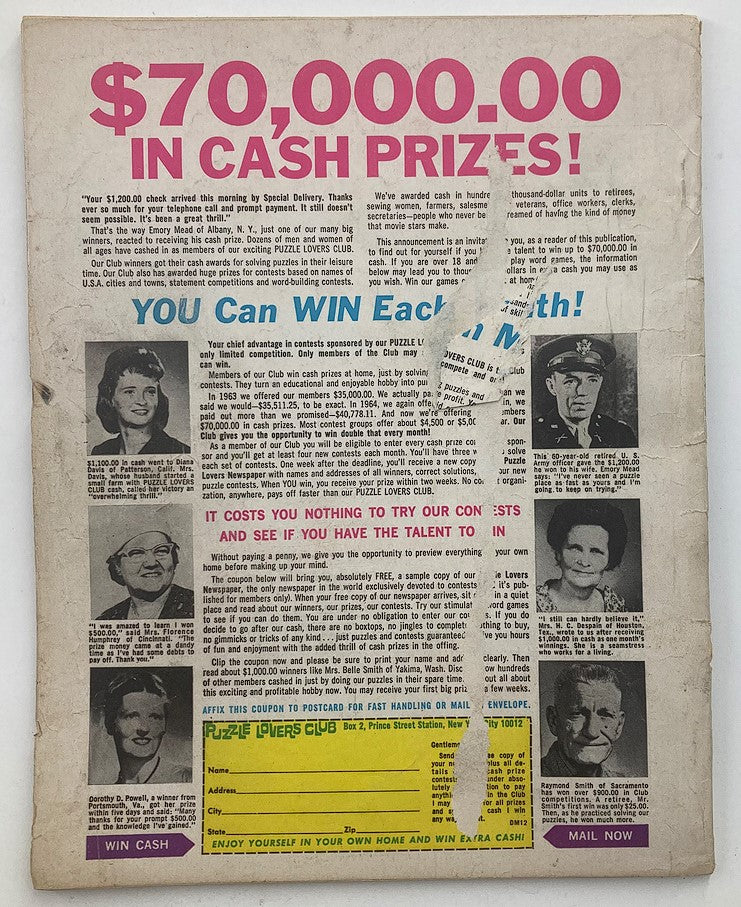Back cover of the VTG Modern Screen Magazine December 1965, advertising a cash prize contest with bold text and images, reflecting the vintage appeal of the era.