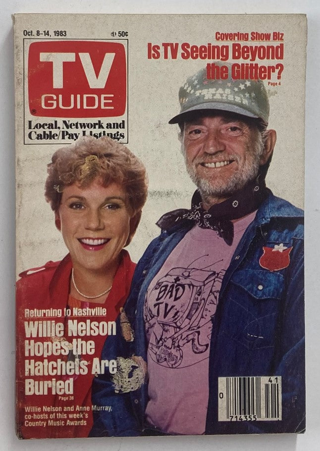 TV Guide Magazine from October 8, 1983, featuring Willie Nelson and Anne Murray on the cover, highlighting country music and television history, with notable articles including 'Is TV Seeing Beyond the Glitter?' and 'Willie Nelson Hopes the Hatchets Are Buried.'