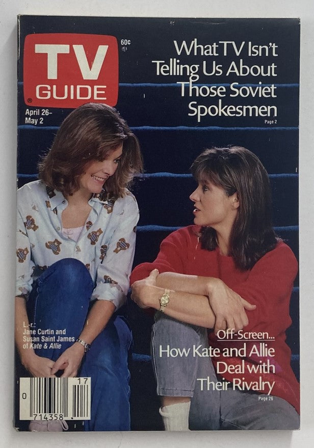 TV Guide Magazine April 26 1986 featuring Jane Curtin and Susan Saint James on the cover, highlighting their roles in 'Kate & Allie'. The magazine discusses topics related to television and Soviet spokesmen, capturing 1980s pop culture.