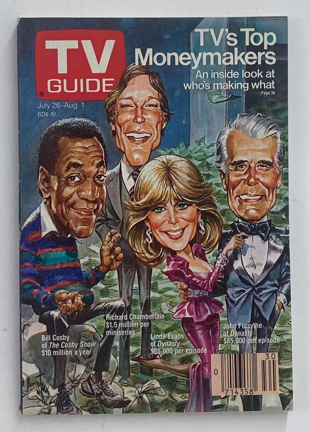 Cover of TV Guide Magazine from July 26, 1986 featuring Bill Cosby, Linda Evans, Richard Chamberlain, and John Forsythe. Highlights the TV stars and their earnings, capturing a notable moment in 1980s television history.