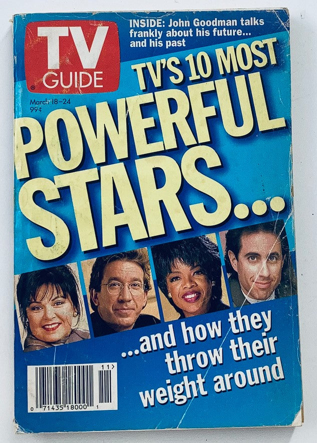 TV Guide Magazine dated March 18, 1995 featuring Oprah Winfrey on the cover, showcasing the title 'TV's 10 Most Powerful Stars'. The magazine includes images of notable television personalities and highlights themes of celebrity impact in the 1990s.