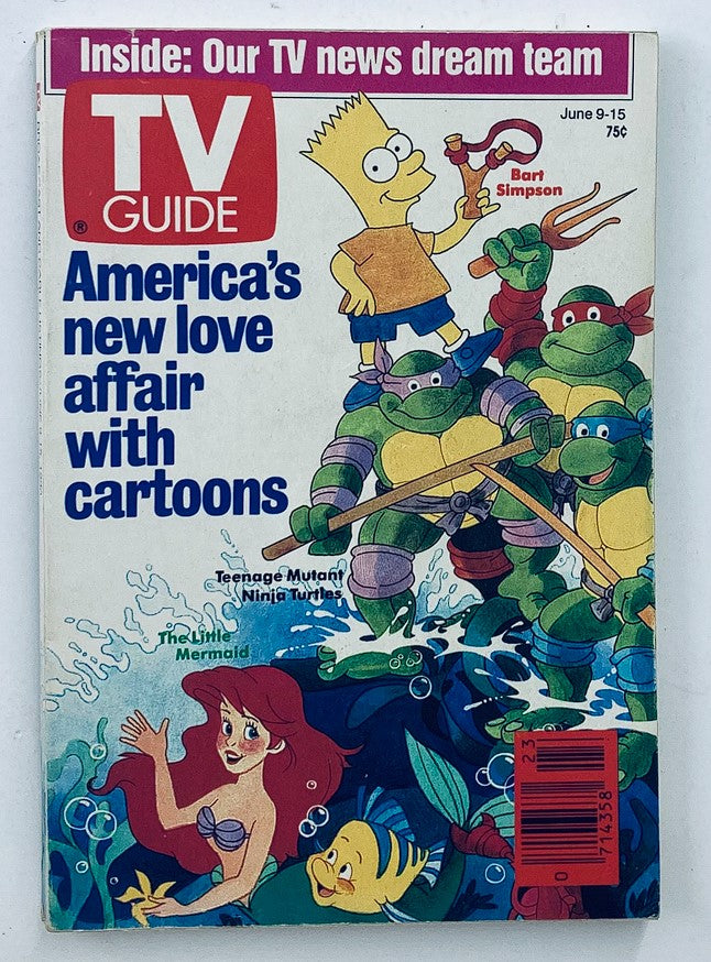 TV Guide Magazine June 9 1990 featuring Bart Simpson on the cover alongside Teenage Mutant Ninja Turtles and The Little Mermaid, highlighting America's new love affair with cartoons.