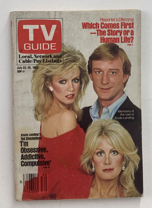 Cover of TV Guide Magazine dated July 23, 1983, featuring members of the cast of Knots Landing, showcasing vintage television culture.