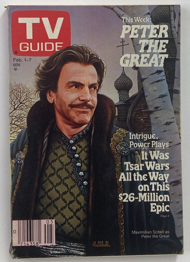 Cover of TV Guide Magazine February 1, 1986, featuring Maximilian Schell portraying Peter the Great. The issue includes features on television programming and cultural references from the mid-1980s.