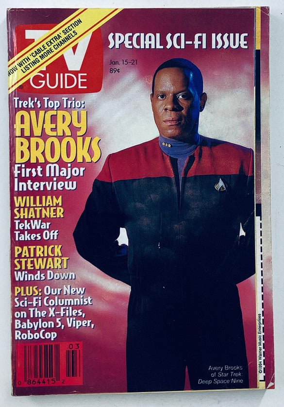 Cover of TV Guide Magazine January 15, 1994 featuring Avery Brooks in a Starfleet uniform, highlighting the special sci-fi issue with top interviews from Trek's top trio, including William Shatner and Patrick Stewart.