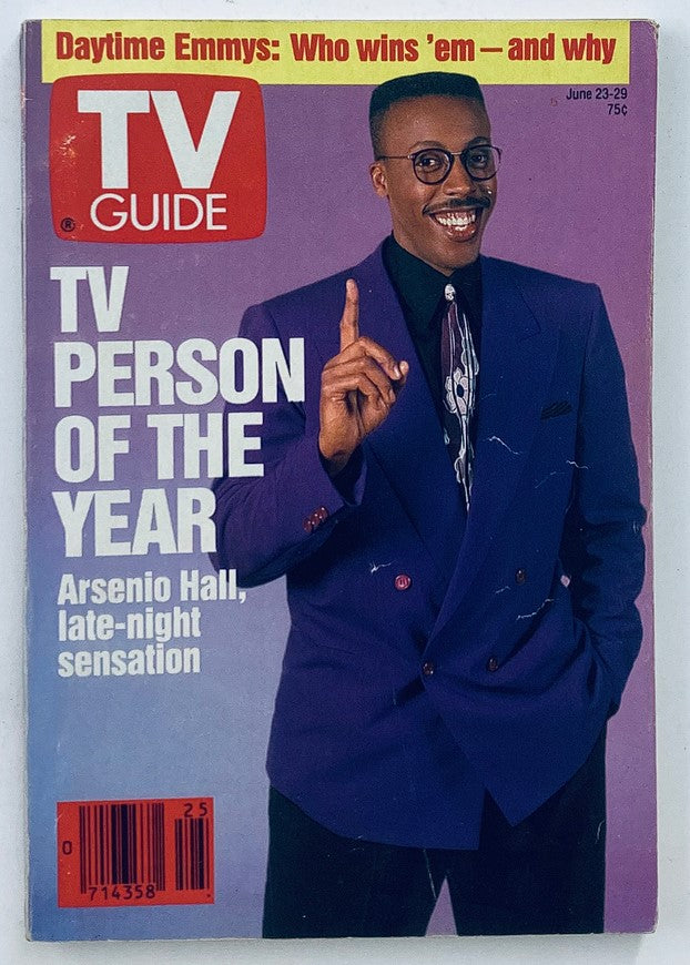 Cover of TV Guide Magazine from June 23, 1990 featuring Arsenio Hall as TV Person of the Year. The cover highlights Hall's popularity as a late-night talk show host with the text 'TV Person of the Year' and showcases a vibrant design typical of early 90s magazine aesthetics.