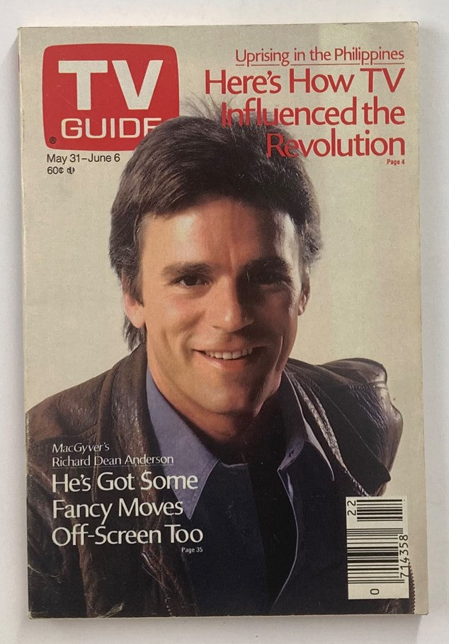 Cover of TV Guide Magazine dated May 31, 1986, featuring Richard Dean Anderson, star of MacGyver. The magazine highlights articles including how television influenced the revolution in the Philippines.