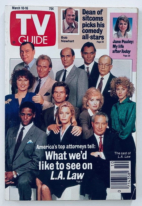 TV Guide Magazine March 10 1990 featuring the cast of L.A. Law on the cover, showcasing prominent actors in a classic grouping, highlighting America's top attorneys and their insights on legal matters in the beloved television series.