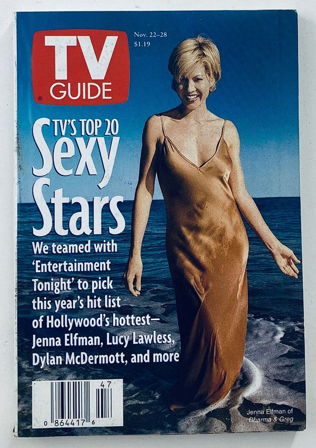 TV Guide Magazine cover from November 22, 1997 featuring Jenna Elfman, highlighting TV's Top 20 Sexy Stars. The issue includes notable names like Lucy Lawless and Dylan McDermott, capturing a moment in late '90s entertainment.