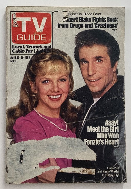 TV Guide Magazine April 23 1983 featuring Linda Purl and Henry Winkler on the cover, highlighting the iconic duo from 'Happy Days'. This vintage magazine reflects American pop culture and television history.