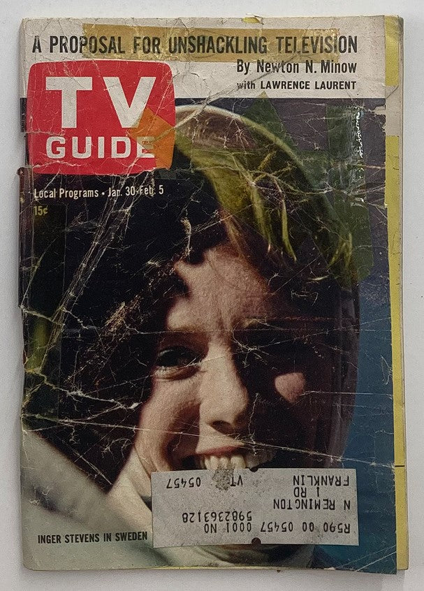 Cover of the TV Guide Magazine January 30 1965 featuring Inger Stevens during her travels in Sweden, showcasing its vintage wear and unique character.