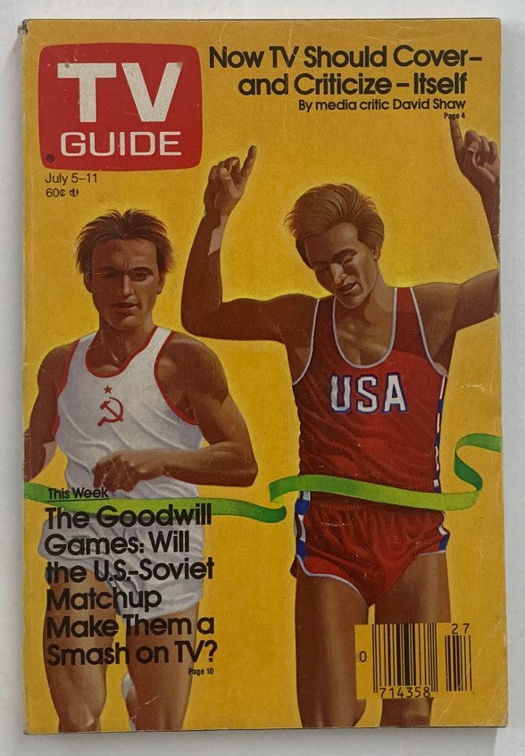 Cover of TV Guide Magazine, July 5, 1986, featuring the Goodwill Games. The illustration depicts two athletes, one representing the USA and the other the Soviet Union, highlighting the sports unity and rivalry. This edition captures a significant moment in sports history.
