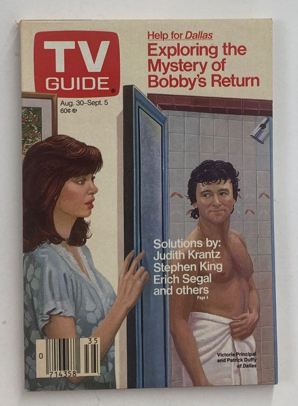 Cover of TV Guide Magazine August 30, 1986, featuring Victoria Principal and Patrick Duffy, with headline 'Exploring the Mystery of Bobby's Return', a vintage collectible for fans of the series Dallas.