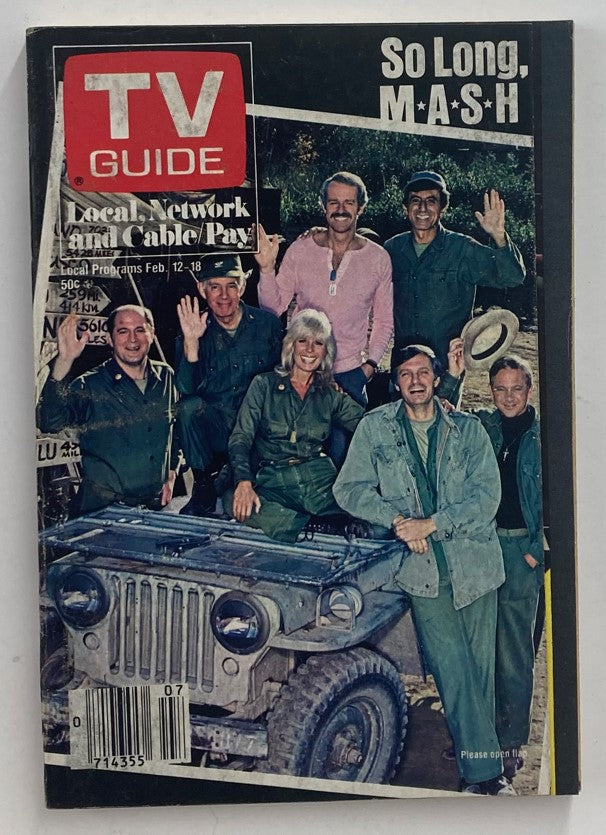 TV Guide Magazine February 12, 1983, featuring the farewell to M*A*S*H with cast members waving on the cover, set against a backdrop of a jeep, capturing a nostalgic moment in television history.