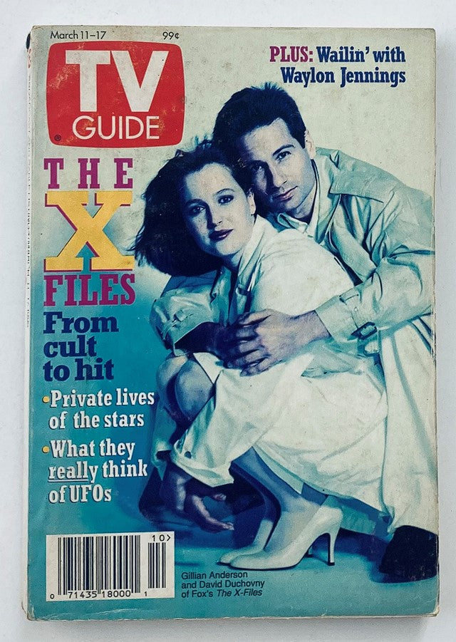 TV Guide Magazine March 11 1995 featuring Gillian Anderson and David Duchovny from The X-Files. The cover highlights the show's rise from cult status to mainstream hit, showcasing vibrant graphics and retro design.