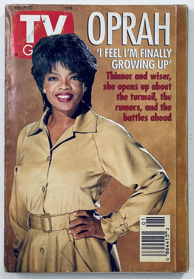TV Guide Magazine January 7, 1995, featuring Oprah Winfrey on the cover, with the headline 'I Feel I'm Finally Growing Up.' The magazine captures a moment from the mid-90s, showcasing Oprah in a tan outfit, reflecting her influential role in television and culture.