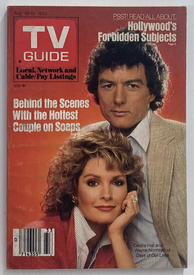 TV Guide Magazine August 13, 1983 featuring Deidre Hall and Wayne Northrop, cover showcasing the soap opera stars, with classic television insights and programming listings from the early 80s.